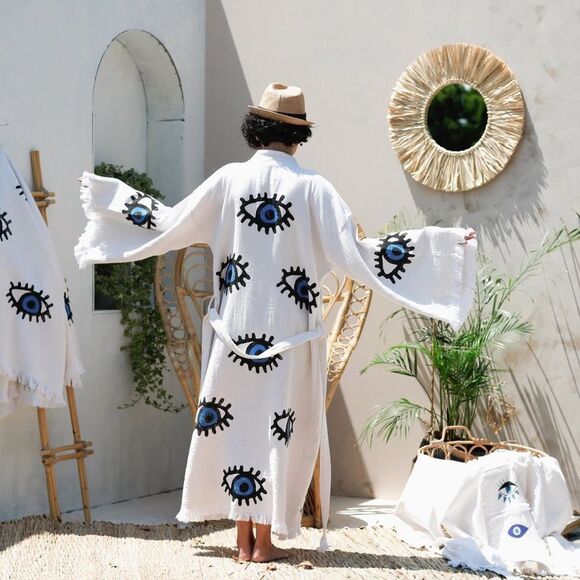 Handcrafted THIRD EYE 🪬🧿 ORGANIC KAFTAN Robe Cover Up Evil Protection Kimono - Picture 7 of 8